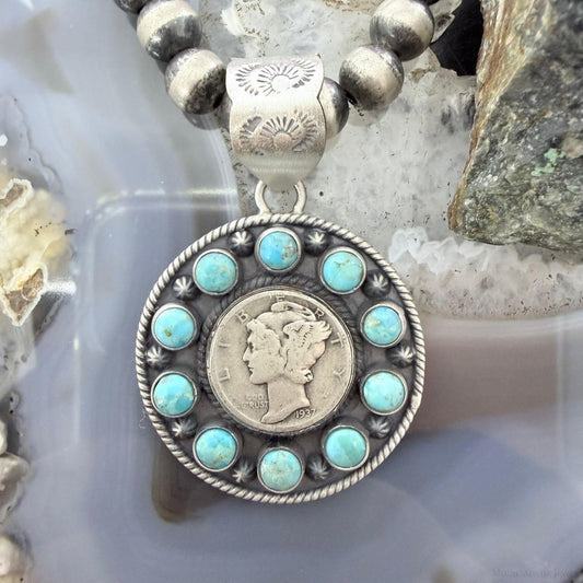 Genuine 90% Silver Mercury Dime Coin w/Turquoise Decorated Unisex Pendant