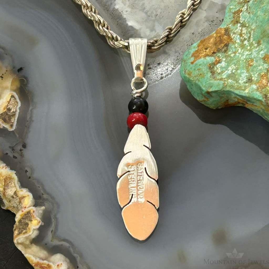 Anthony Gatewood Sterling Silver Onyx & Coral Beads Feather Pendant For Women