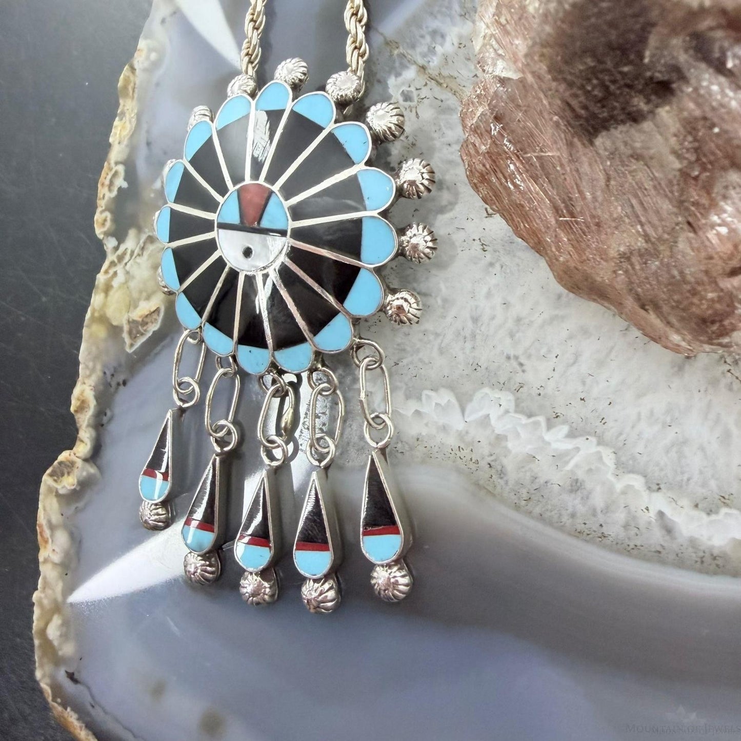 Abel Soseeah Native American Sterling Silver Zuni Inlay Sunface Pendant/Brooch For Women