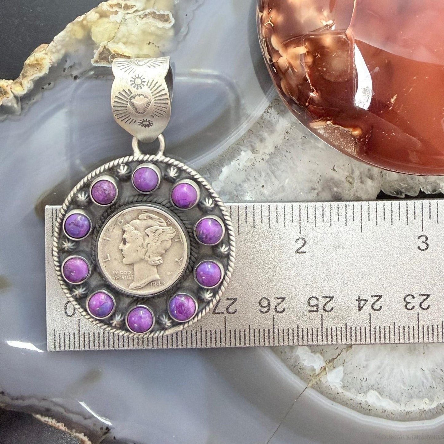 Genuine 1942 90% Silver Mercury Dime Coin w/Purple Dahlia Decorated Unisex Pendant