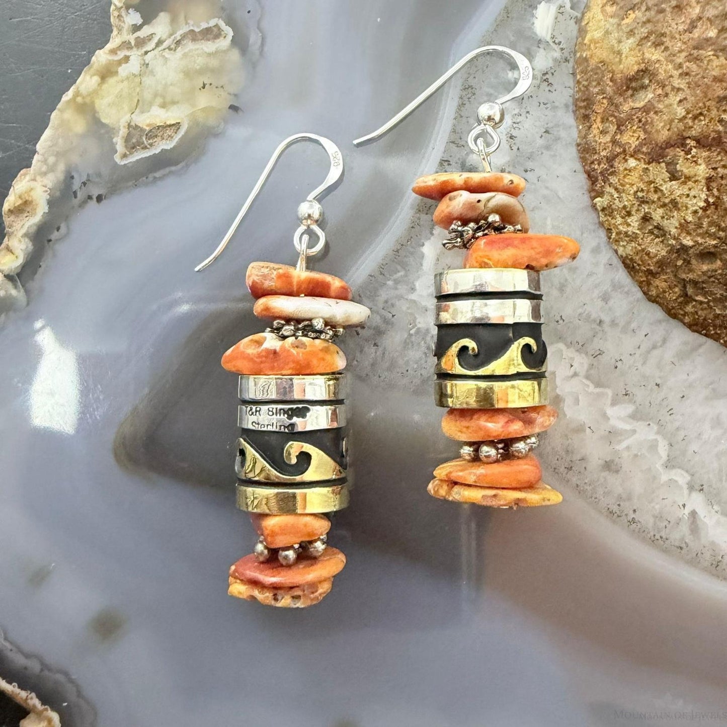 Tommy & Rosita Singer Sterling Silver Orange Spiny Oyster Beads Dangle Earrings For Women