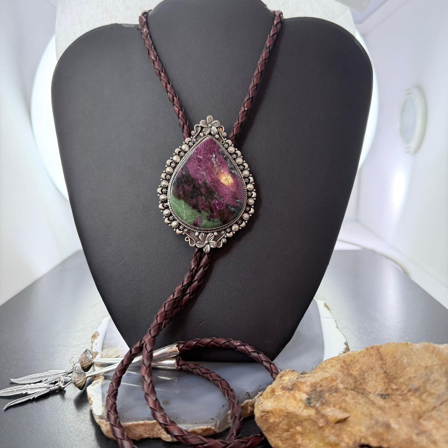 Sterling Silver Southwestern Style Large Teardrop Ruby Zoisite Bolo Tie For Men
