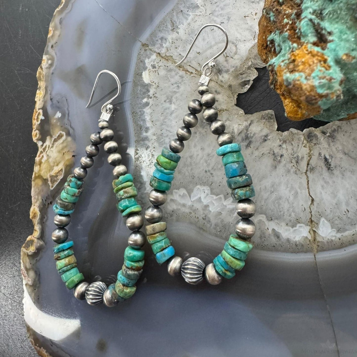 Sterling Silver 4-6mm Navajo Pearl Southwester Style & 6mm Turquoise Bead Hoop Earrings For Women