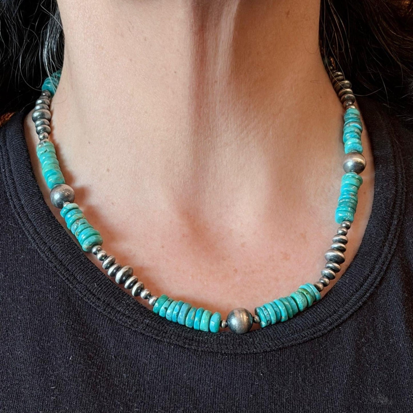 Sterling Silver Southwestern Style Blue Turquoise Beads &Starling Beads 18" Necklace For Women  #1