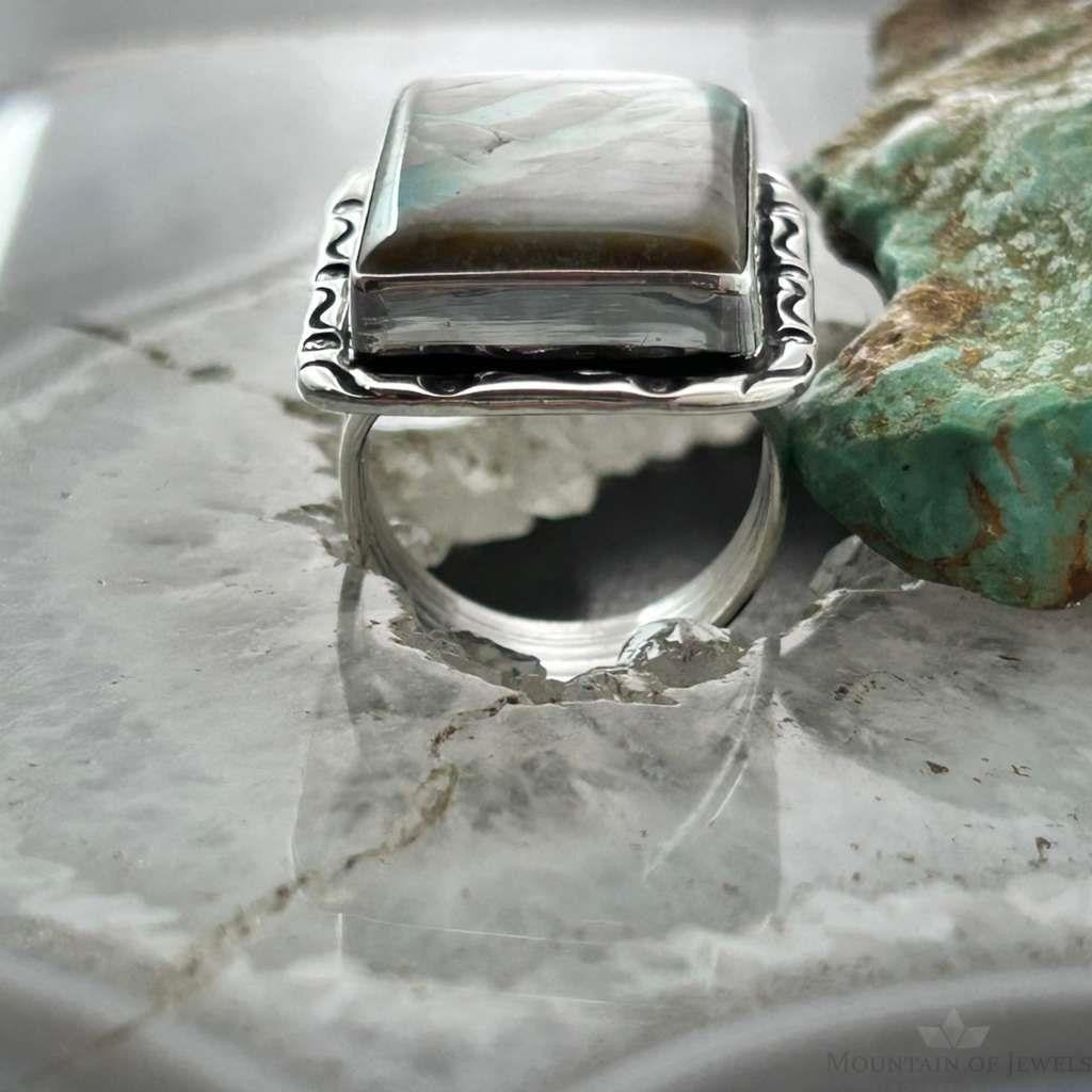 Native American Sterling Silver Rectangle Boulder Ribbon Turquoise Bar Ring Size 7.25 For Women
