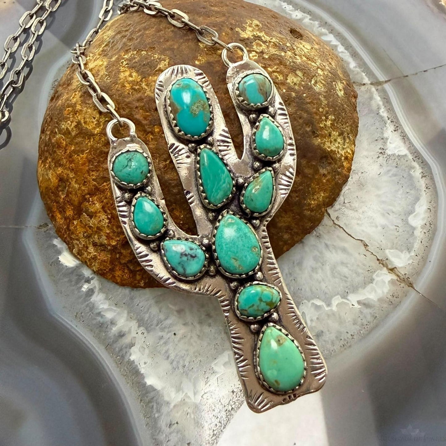 Sterling Southwestern Style Kingman Turquoise Cactus Pendant 22.5" Necklace #1