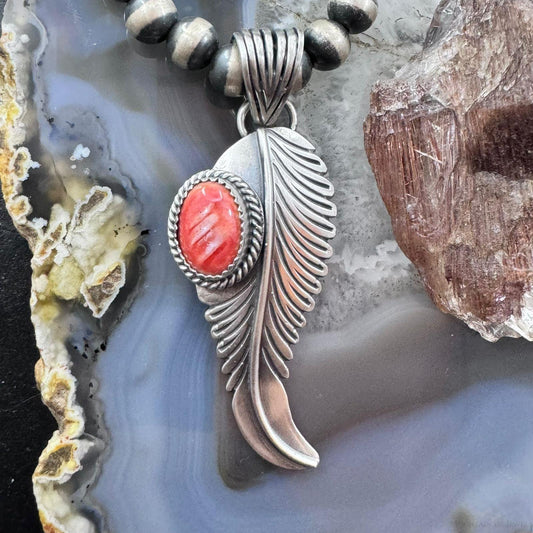 Native American Sterling Silver Orange Spiny Oyster Feather Pendant For Women