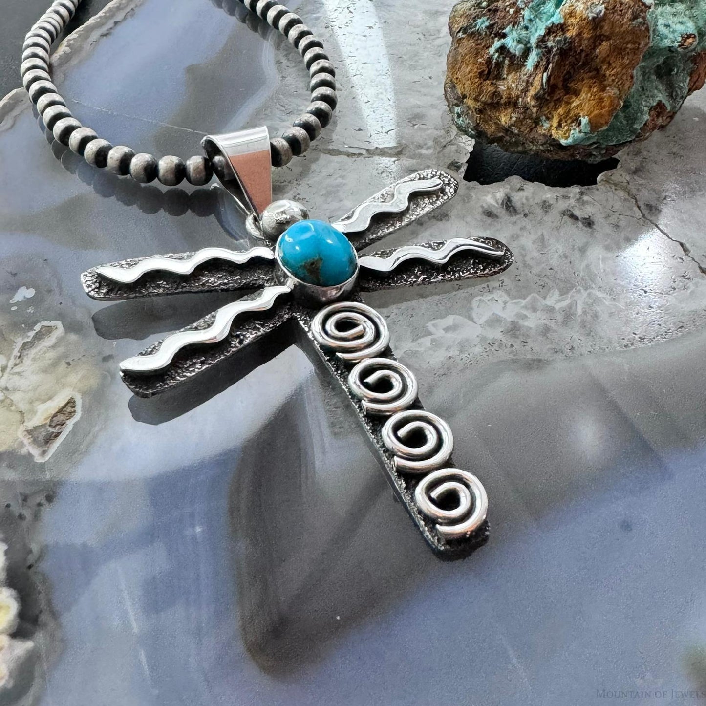 Alex Sanchez Native American Sterling Silver Turquoise & Petroglyph Dragonfly Unisex Pendant