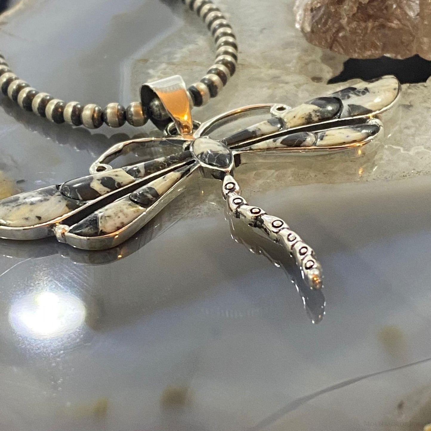 Native American Sterling Silver White Buffalo Inlay Dragonfly Pendant For Women