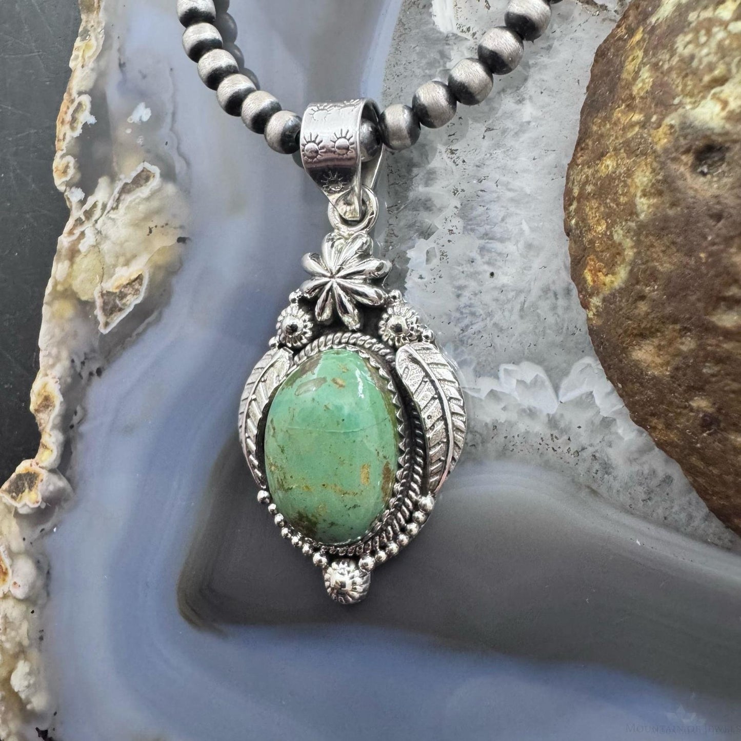 Sterling Silver Southwestern Style Oval Turquoise Leaves Decorated Pendant For Women