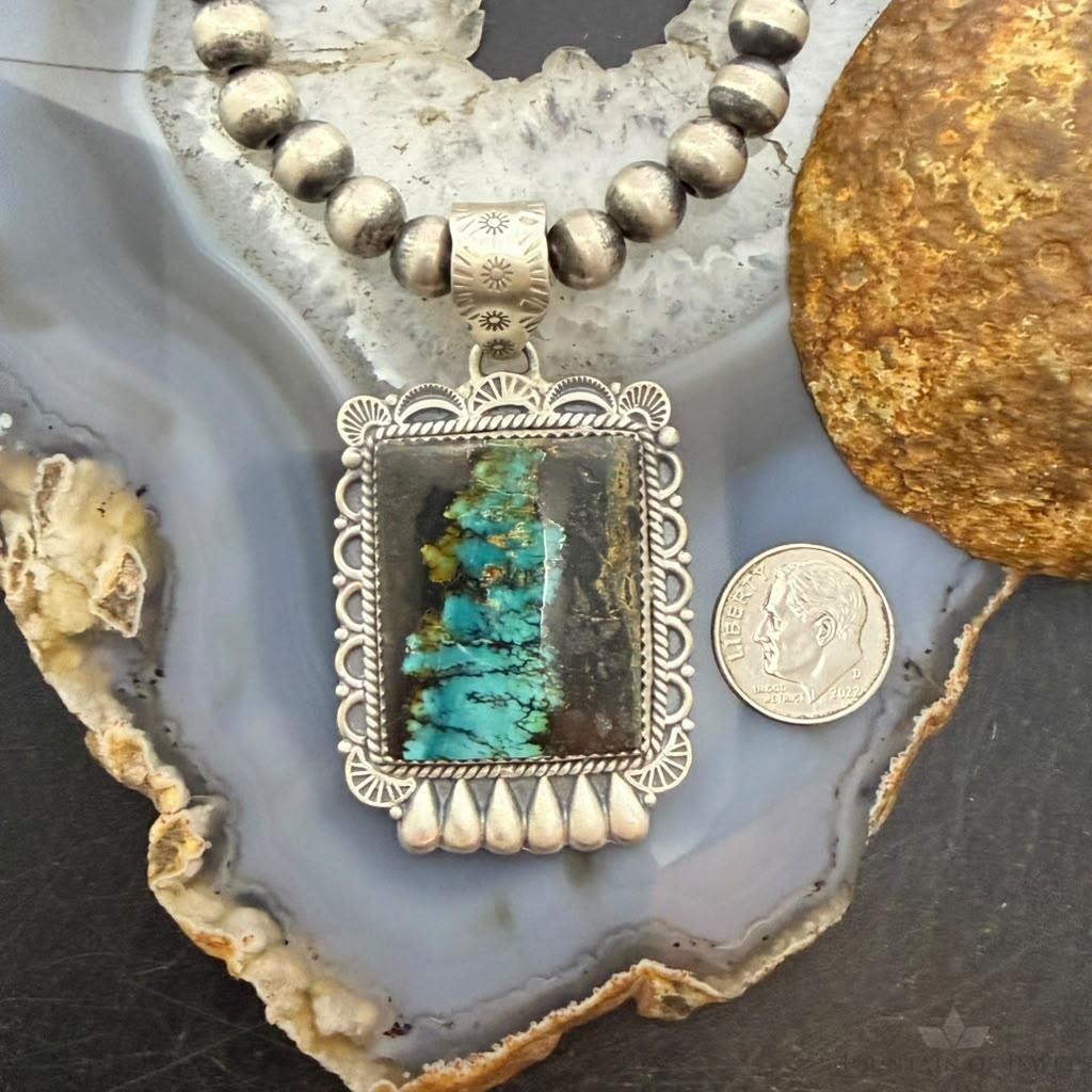 Sterling Silver Southwestern Style Rectangle Blackjack Turquoise Decorated Pendant #3