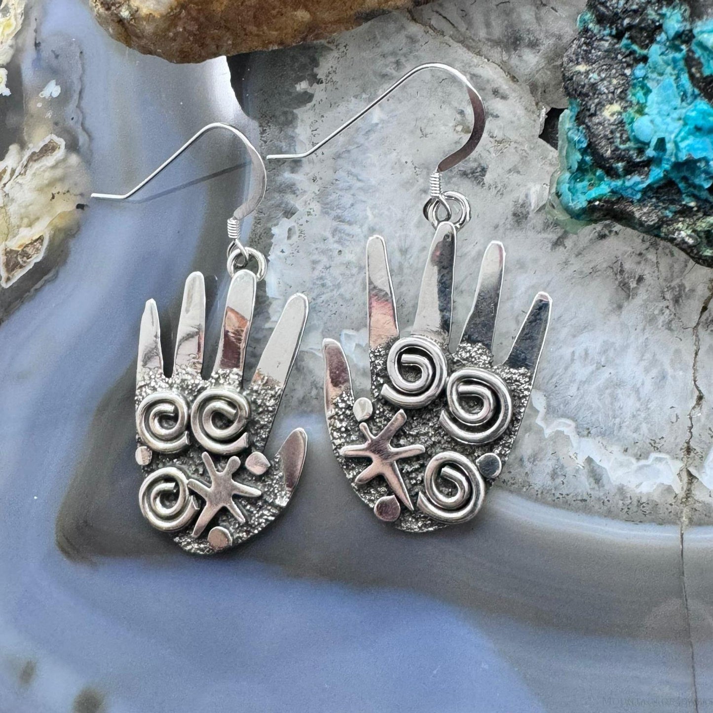 Alex Sanchez Sterling Silver Ancestors Hand Petroglyph Dangle Earrings For Women