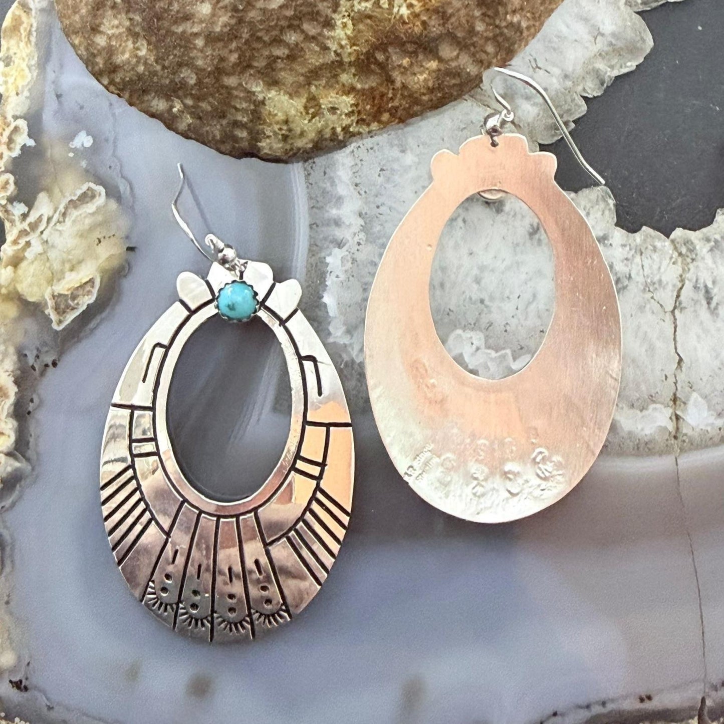 Tommy & Rosita Singer Sterling Silver Turquoise Dot Engraved Dangle Earrings For Women