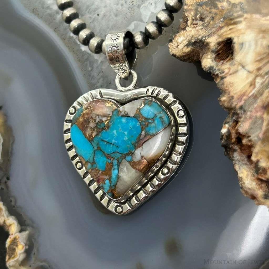 Sterling Southwestern Style Turquoise Spiny Oyster Heart Pendant For Women #1