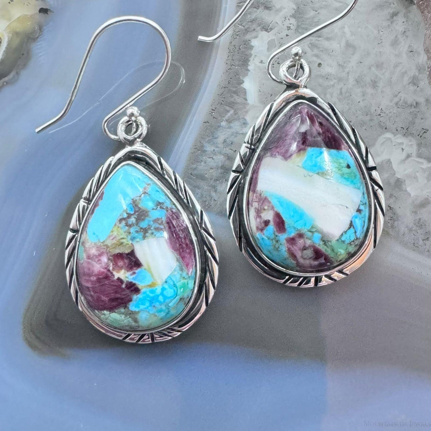 Native American Sterling Silver Turquoise & Spiny Oyster Composite Dangle Earrings For Women