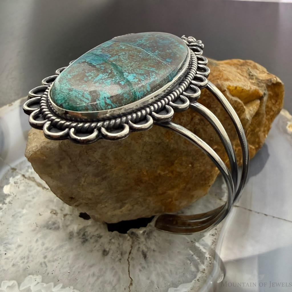 Sterling Silver Southwestern Style Oval Chrysocolla Decorated Bracelet For Women