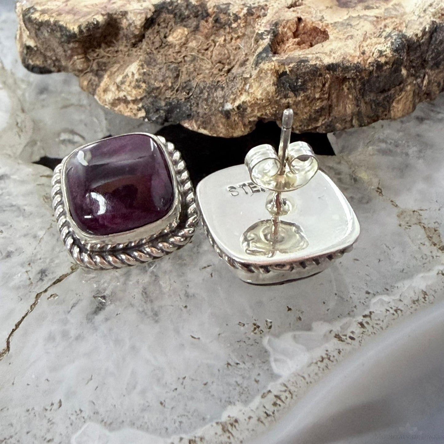 Native American Sterling Silver Square Purple Spiny Oyster Stud Earrings For Women