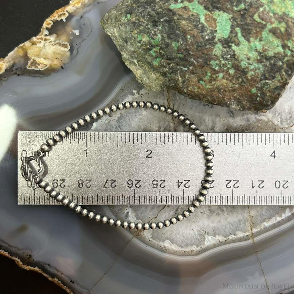 Sterling Silver 3mm Navajo Pearl Beads 7.5" Toggle Clasp Bracelet For Women
