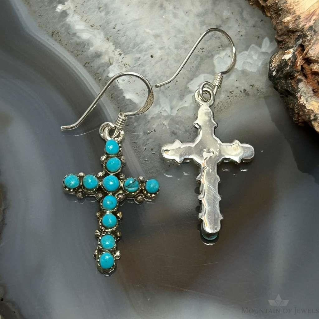 Sterling Silver Southwestern Style Turquoise Cross Dangle Earrings For Women