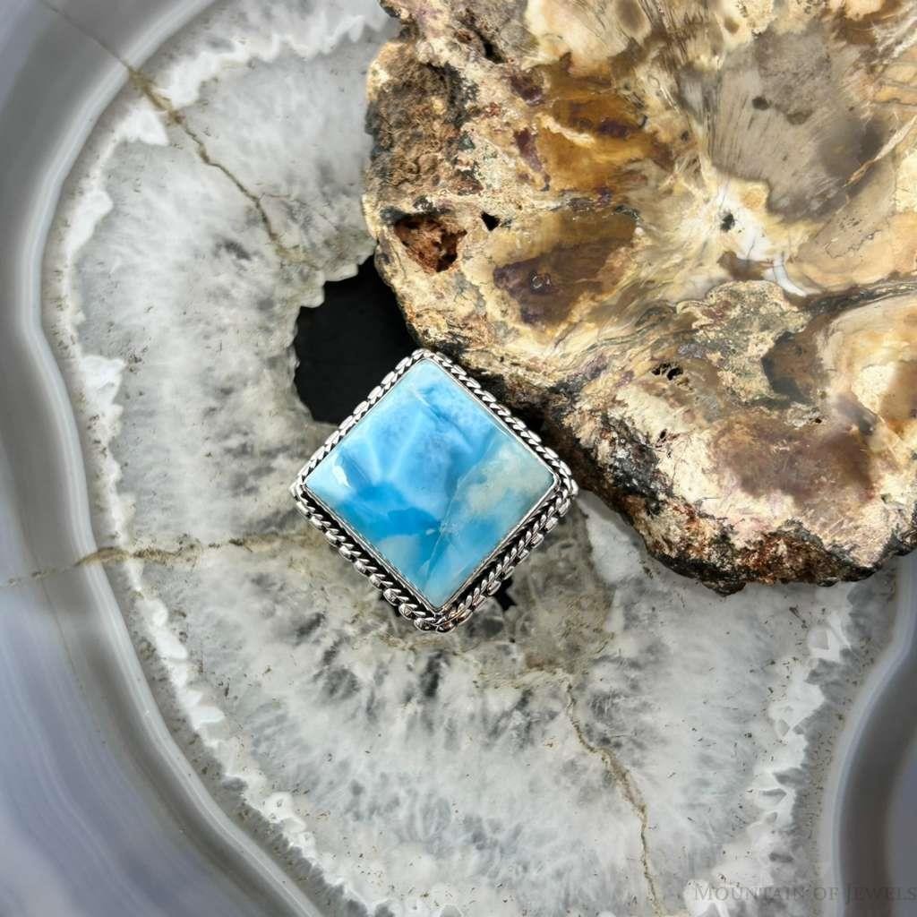 Sterling Silver Southwestern Style Larimar Decorated Bar Ring Size 7.5 For Women