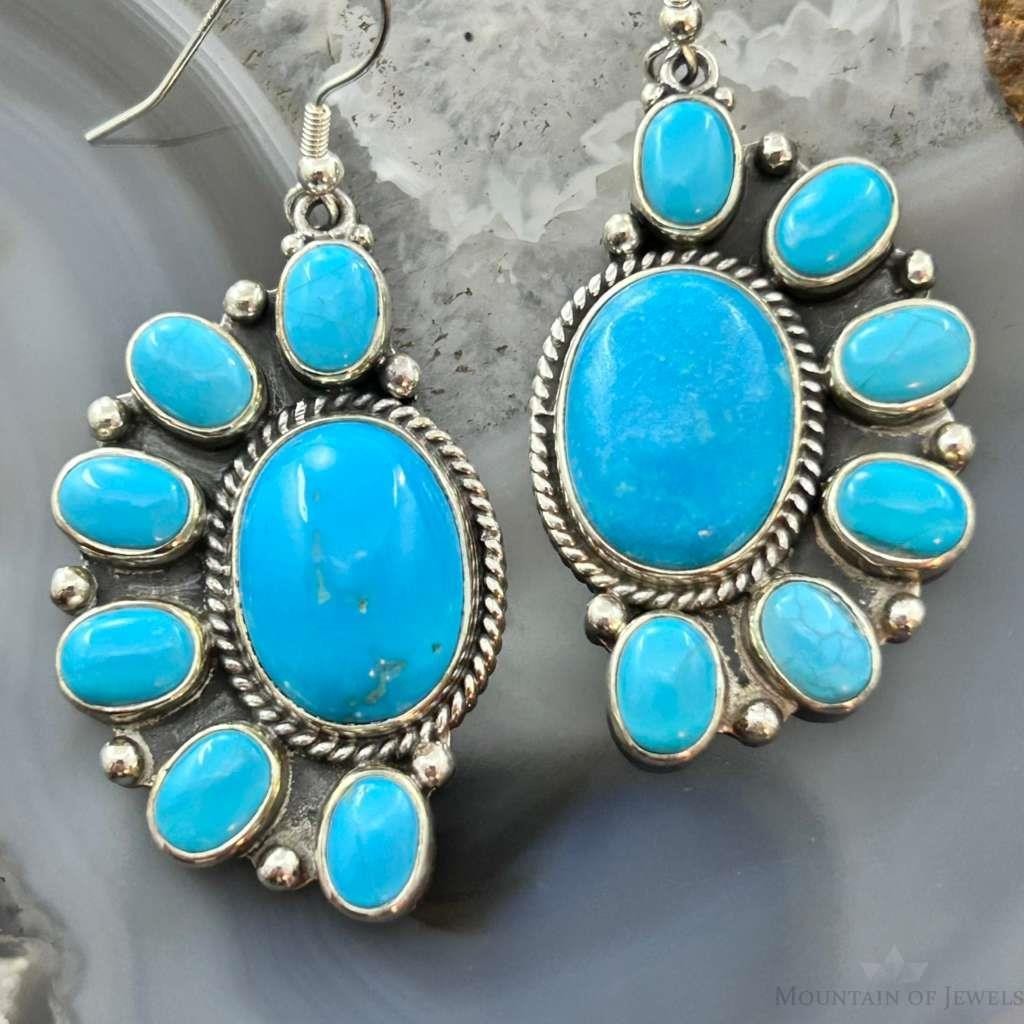Native American Sterling Silver Turquoise Cluster Dangle Earrings For Women