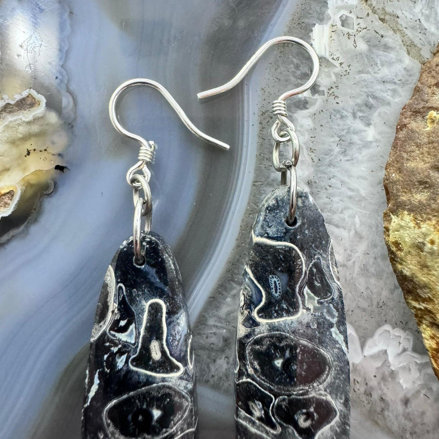 Sterling Silver Elongated Oval Palm Root Eye Slab Dangle Earrings For Women #238