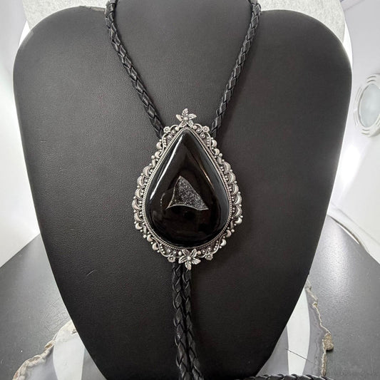 Sterling Silver Southwestern Style Teardrop Onyx Bolo Tie For Men