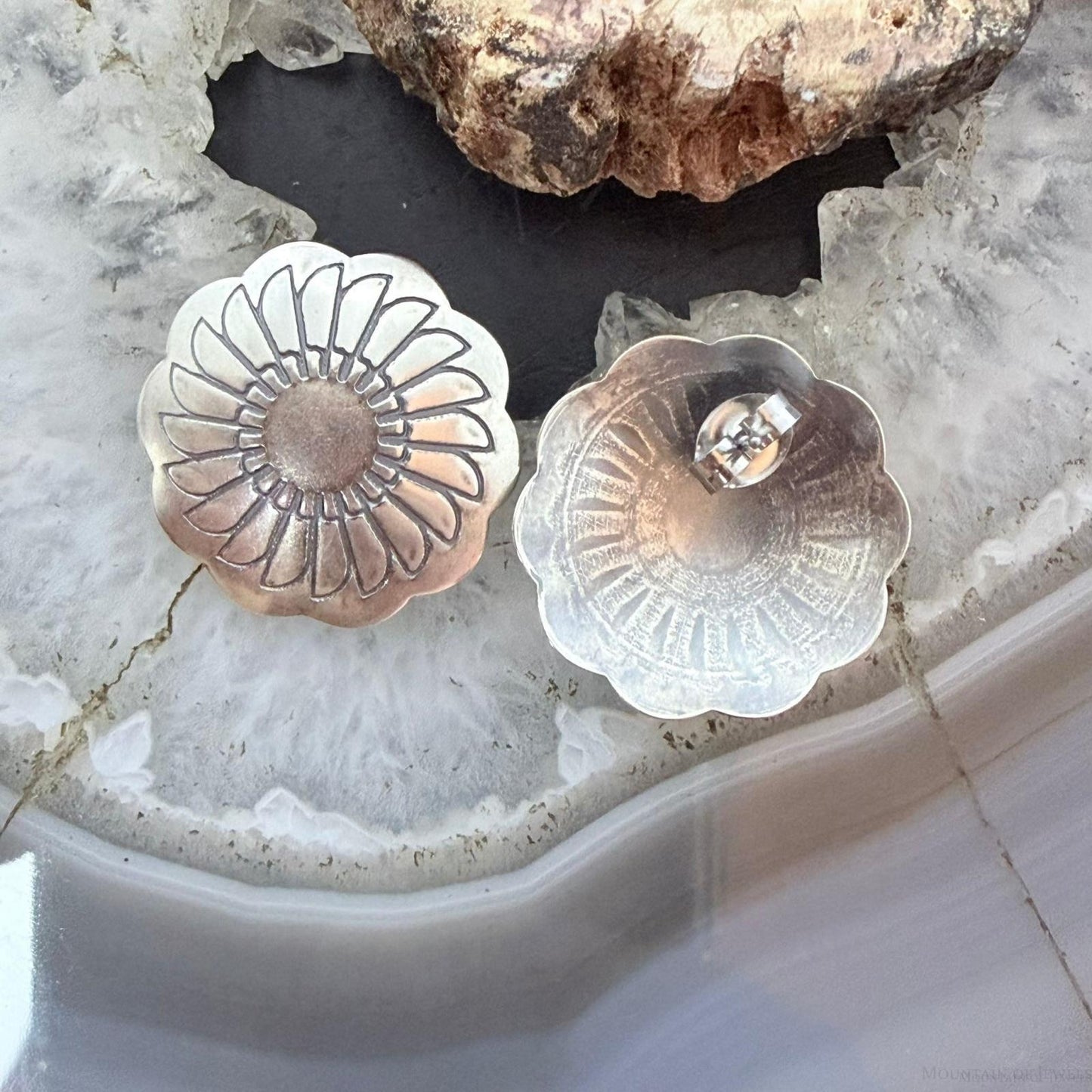 Native American Sterling Silver Floral Stamped Post Earrings For Women