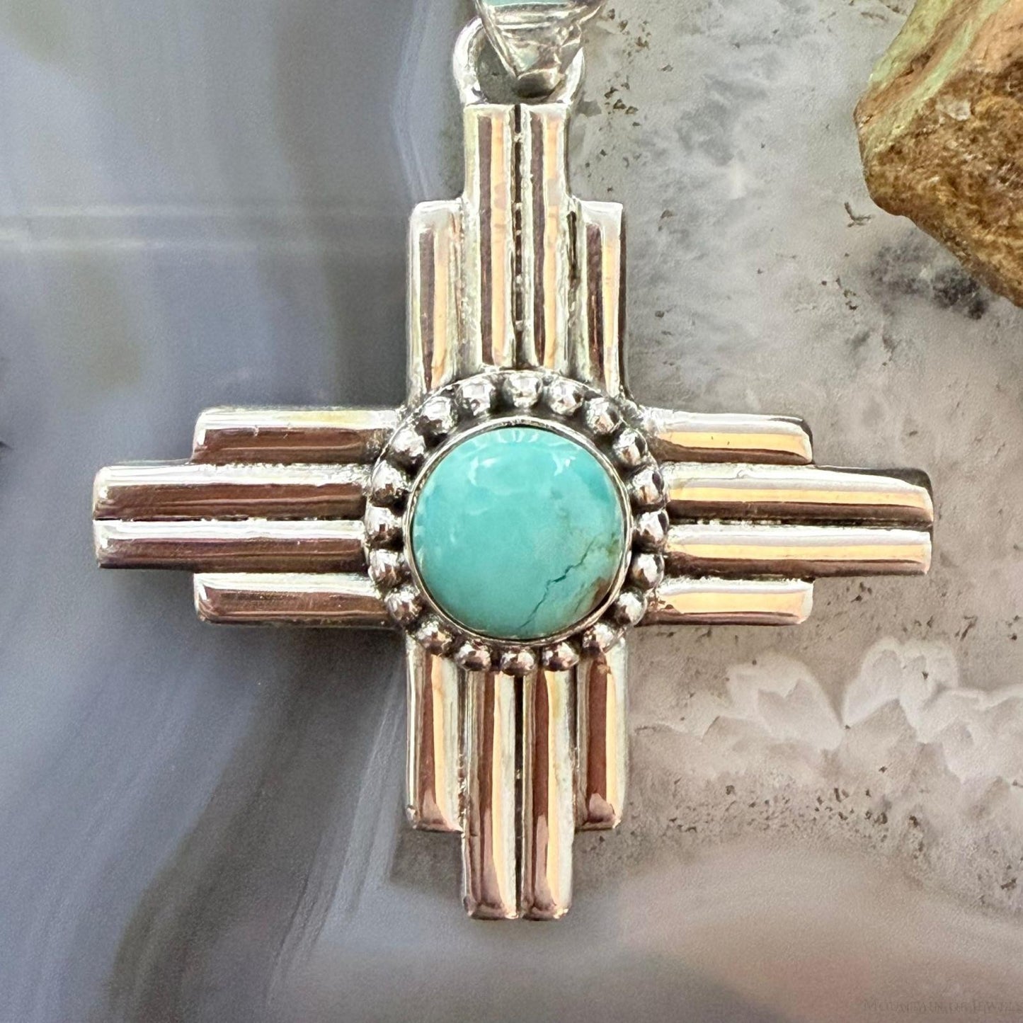 Sterling Silver Southwestern Style Rounded Mohave Turquoise Unisex Zia Pendant