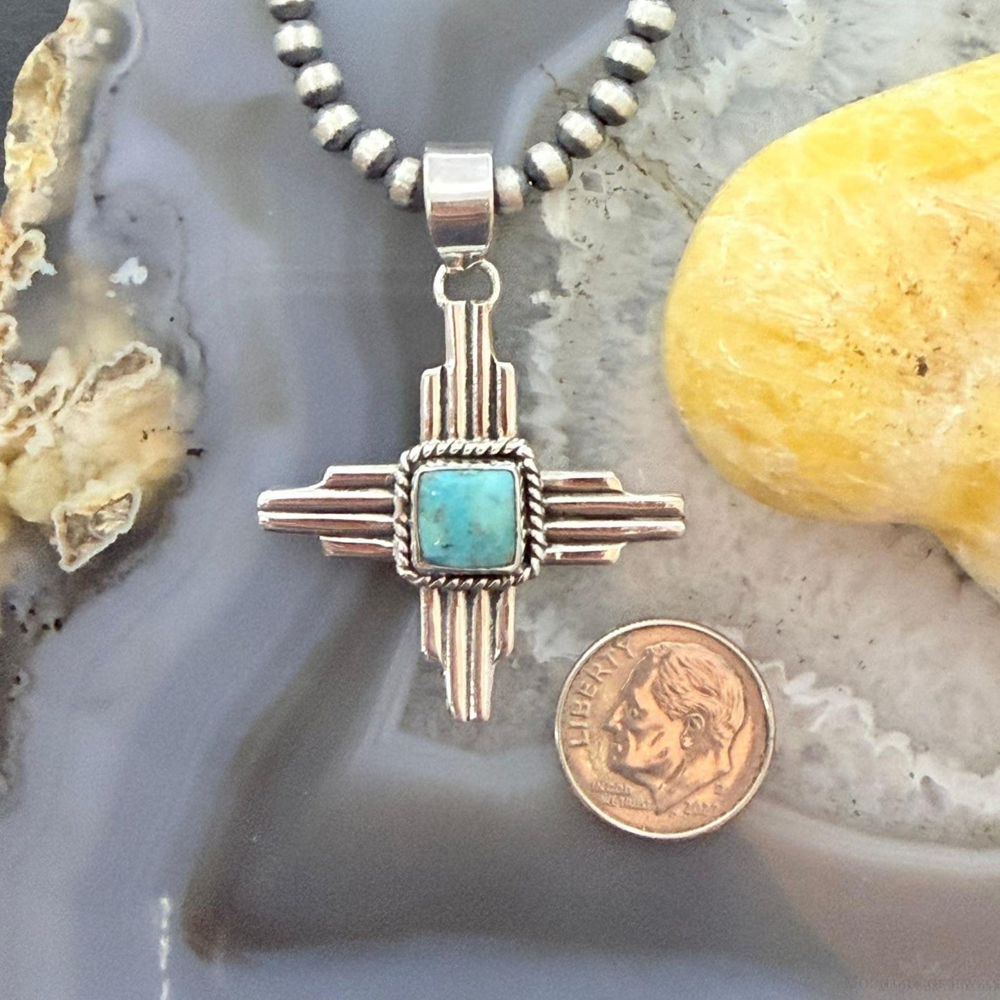 Sterling Silver Southwestern Style Square Mohave Turquoise Unisex Zia Pendant