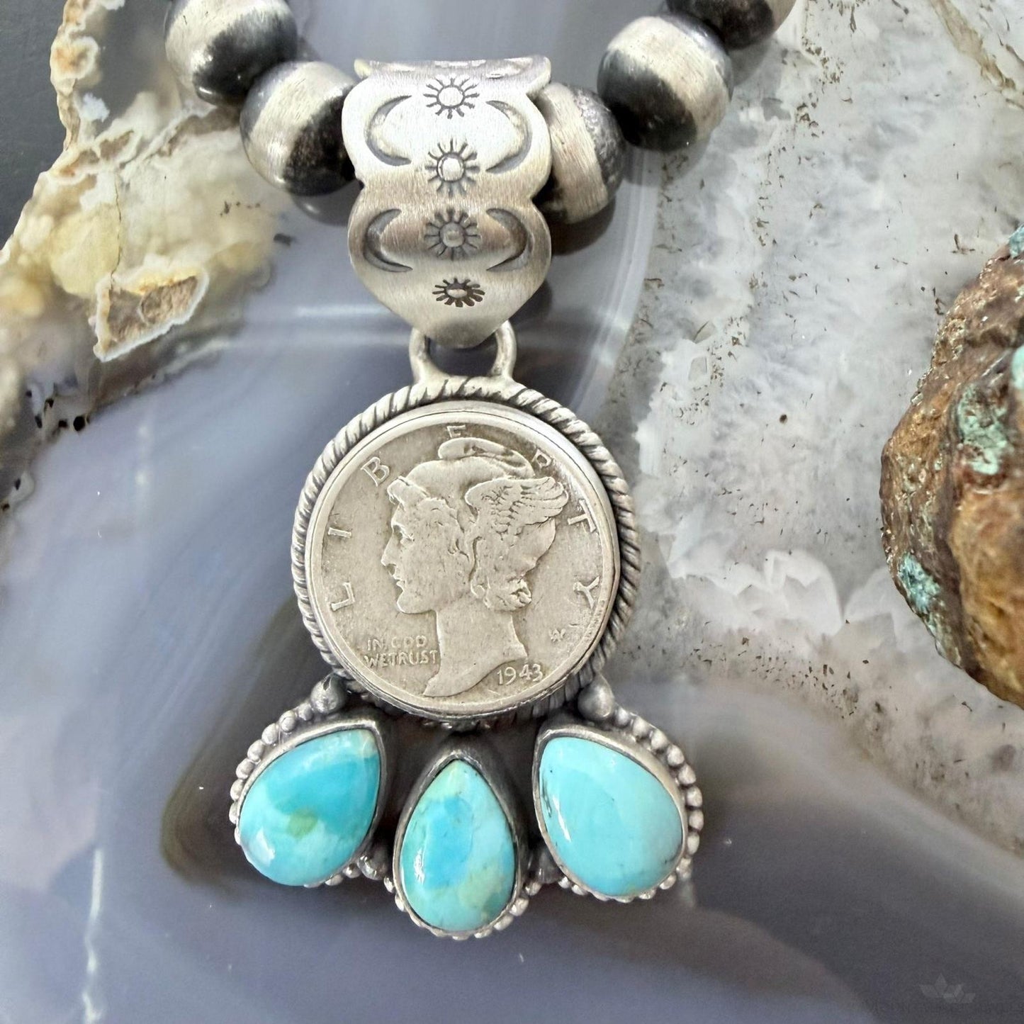 Genuine 1943 90% Silver Mercury Dime Coin w/Teardrop Turquoise Decorated Unisex Pendant