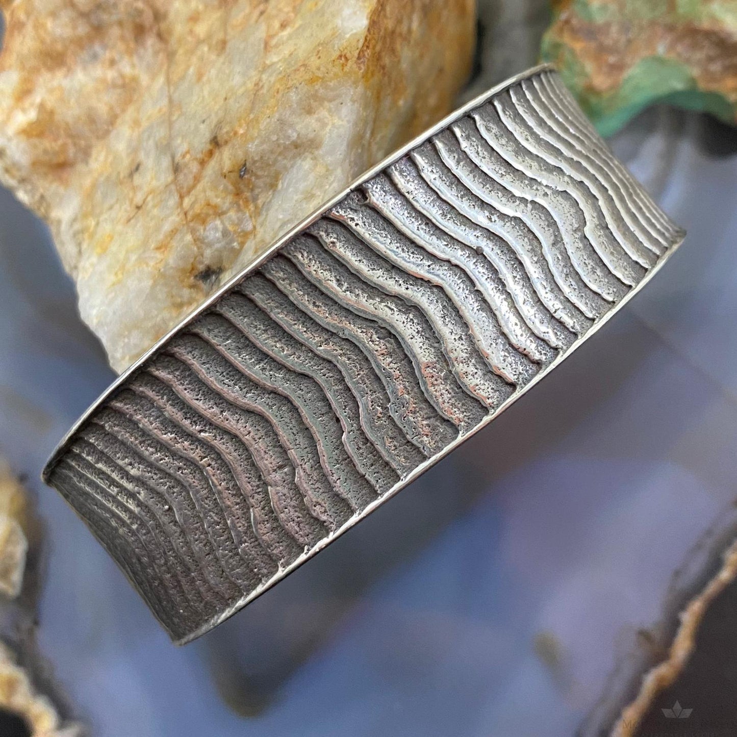 Signed Native American Sterling Silver Heavy Gauge Striped Bracelet For Women