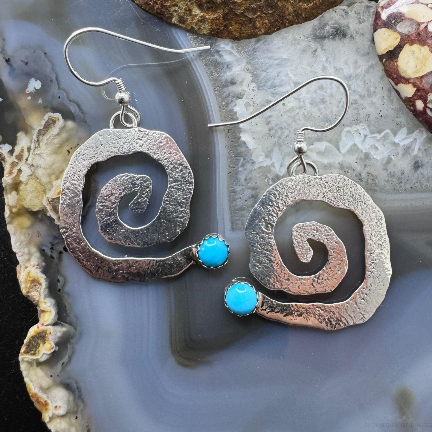 Brad Panteah Sterling Silver Turquoise Hammered Spiral Dangle Earrings For Women