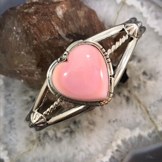 Samson Edsitty Native American Sterling Silver Heart Shape Pink Conch Bracelet For Women