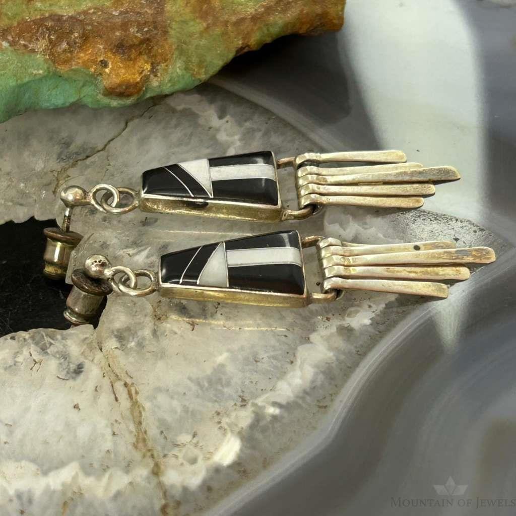 Vintage Native American Sterling Silver Onyx & MOP Inlay Dangle Earrings For Women