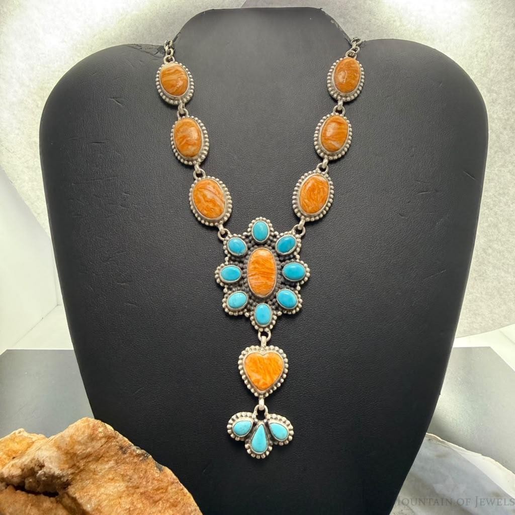 Sterling Silver Southwestern Style Spiny Oyster&Turquoise Cluster Lariat 23.5" Necklace For Women
