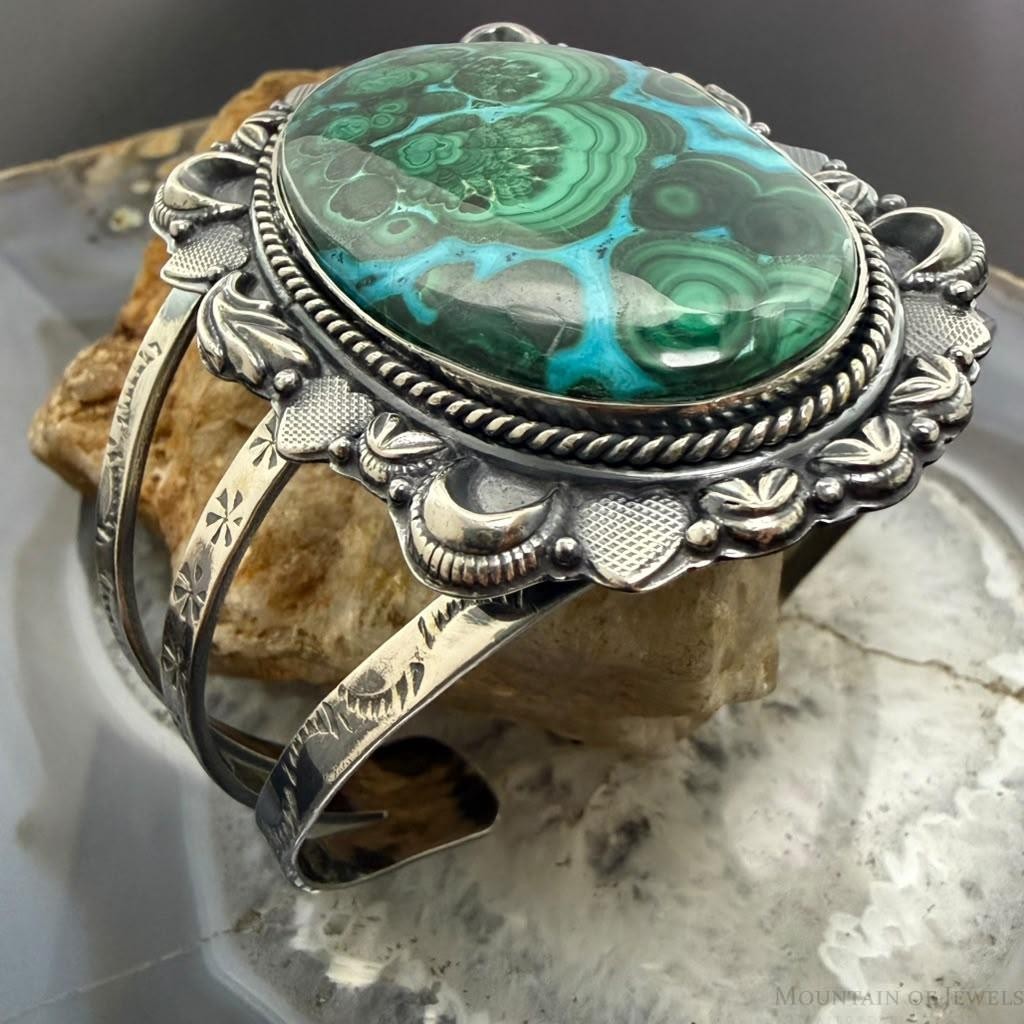 Sterling Silver Southwestern Style Oval Azurite Malachite Bracelet For Women