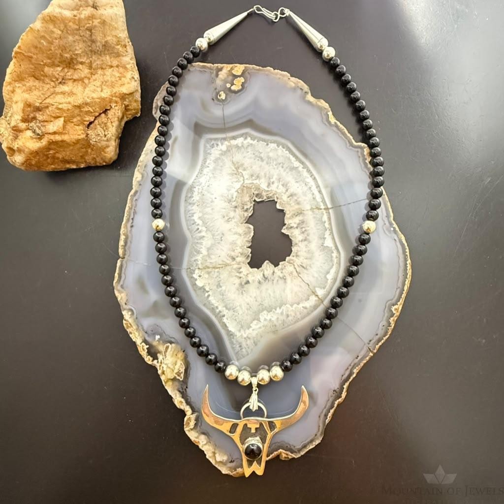 Frank Chavez Sterling Silver Native American Long Horn on Onyx 21" Necklace For Women