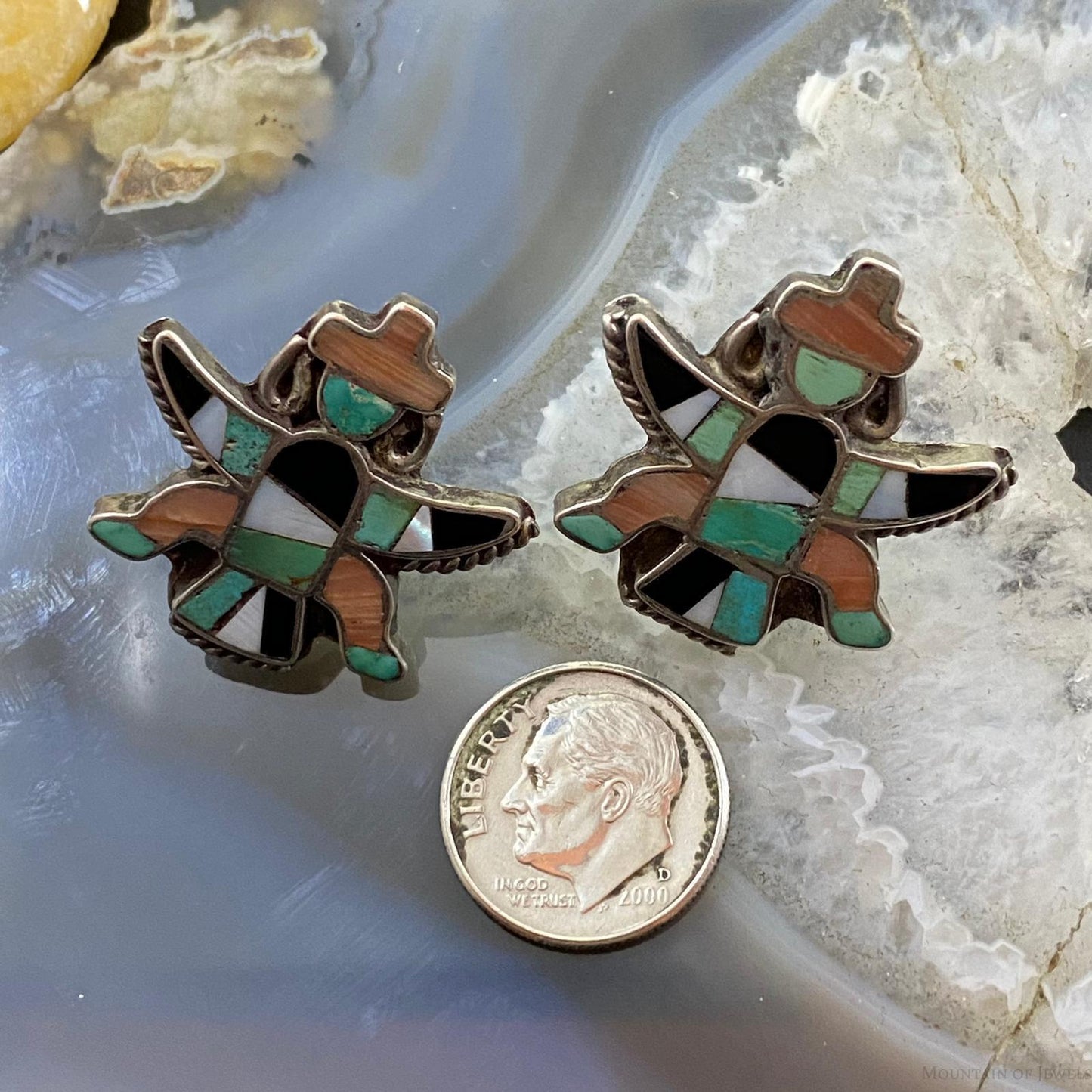 Vintage Native American Silver Zuni Inlay Dancer Screw Back Earrings For Women