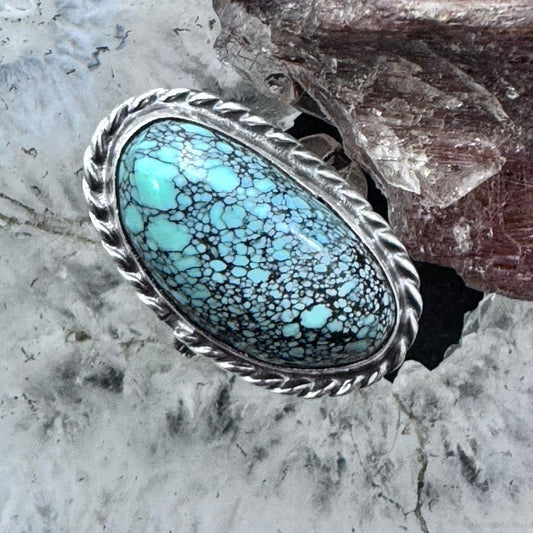 Vintage Native American Silver Oval Spider Turquoise Ring Size 7.5 For Women