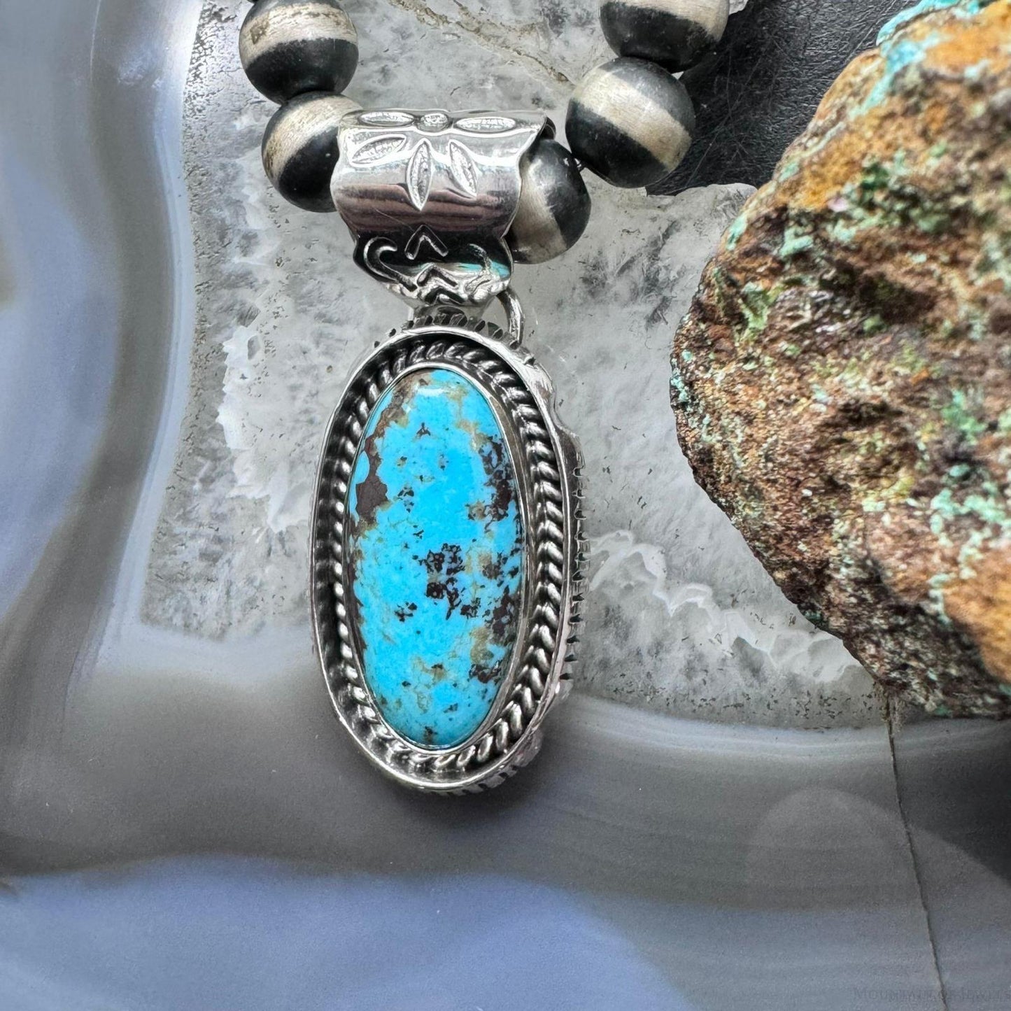 Native American Sterling Silver Elongated Oval Turquoise #8 Pendant For Women #1