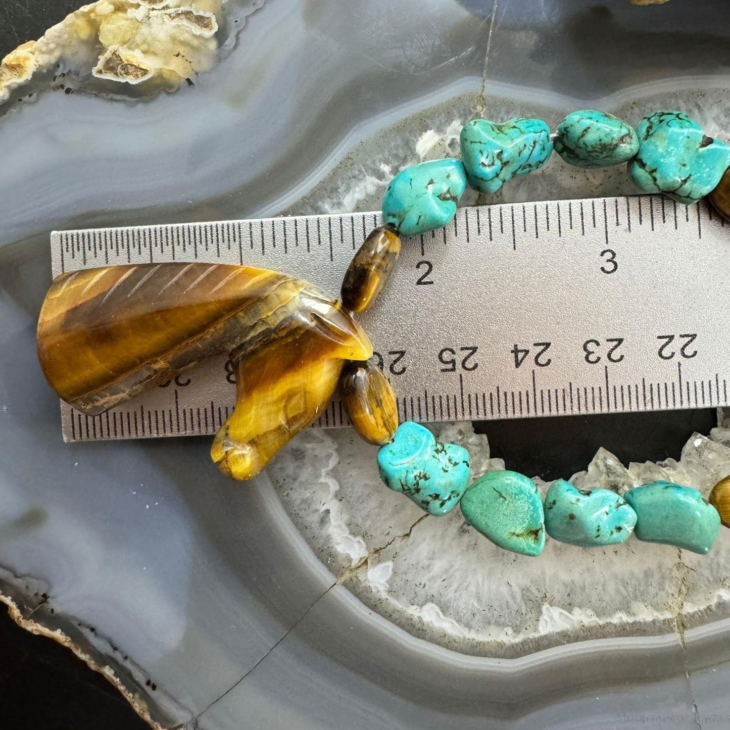 Vintage Kingman Turquoise & Tiger's Eye Beads Necklace w/Horse Head 24" Necklace For Women