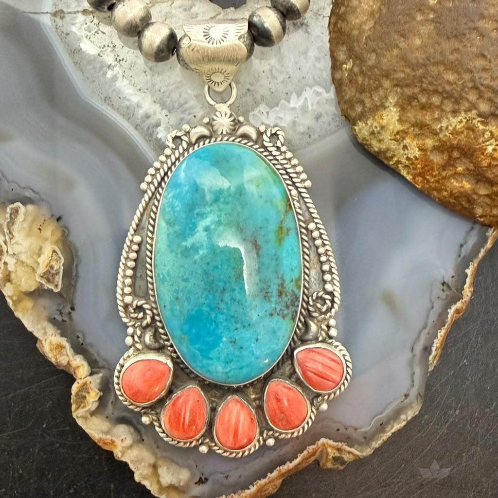Sterling Silver Southwestern Style Oval Turquoise & Spiny Oyster Decorated Pendant