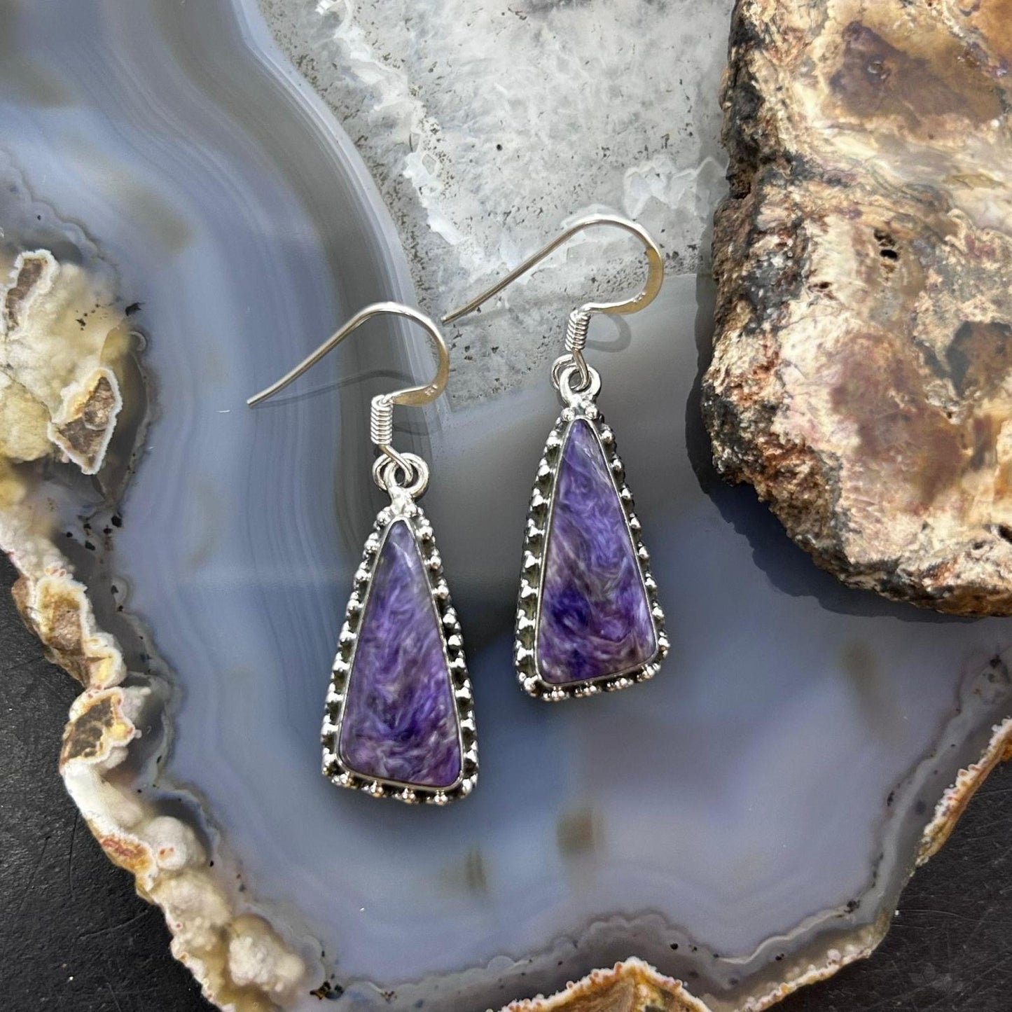 Sterling Silver Southwestern Style Triangle Charoite Dangle Earrings For Women