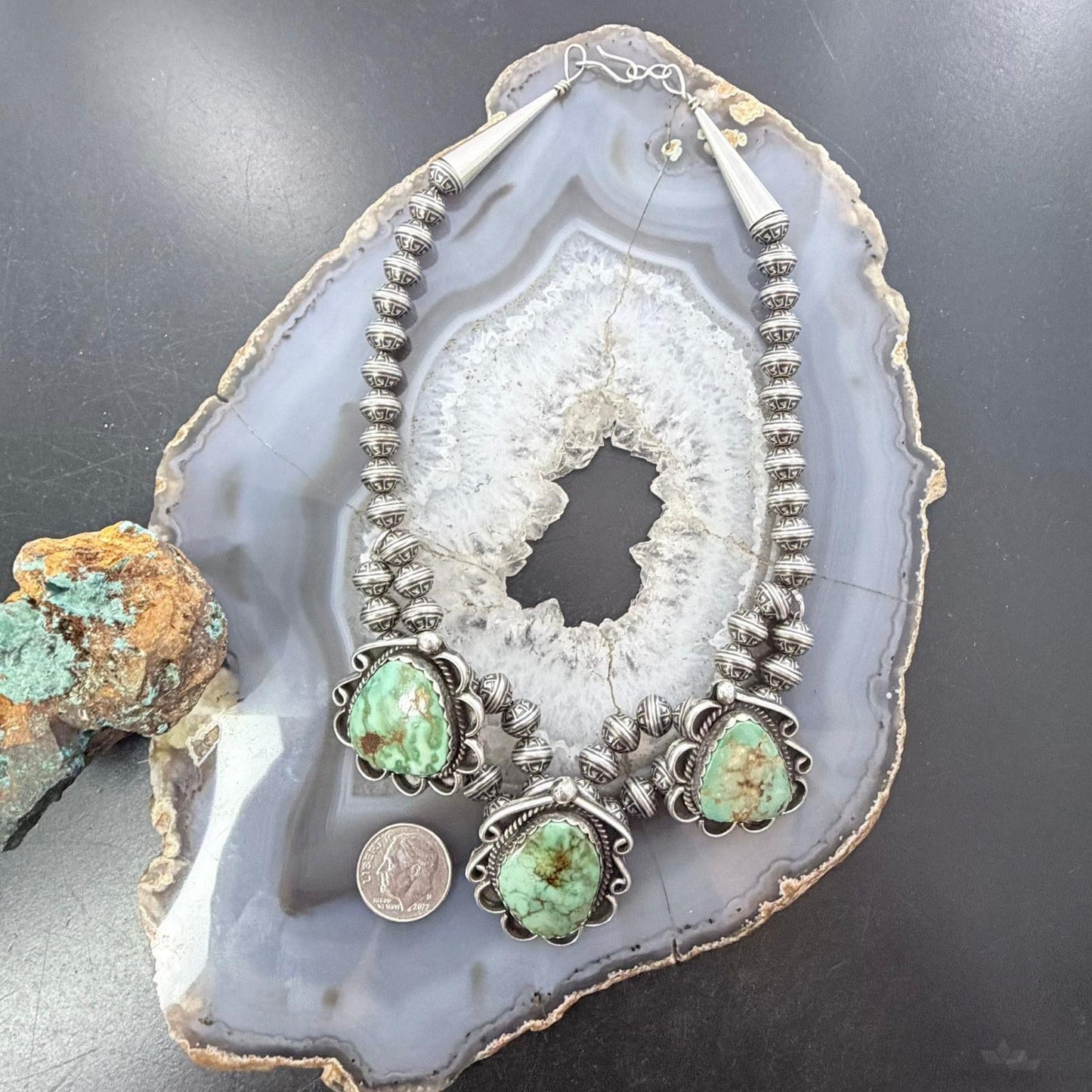 Native American Sterling Silver Royston Turquoise Decorated 14" Necklace For Women