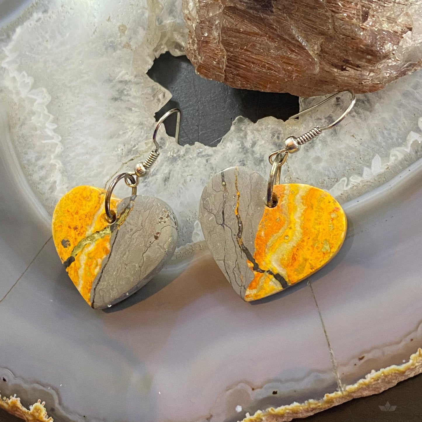 Sterling Silver Heart Shape Bumblebee Jasper Slab Dangle Earrings For Women #3