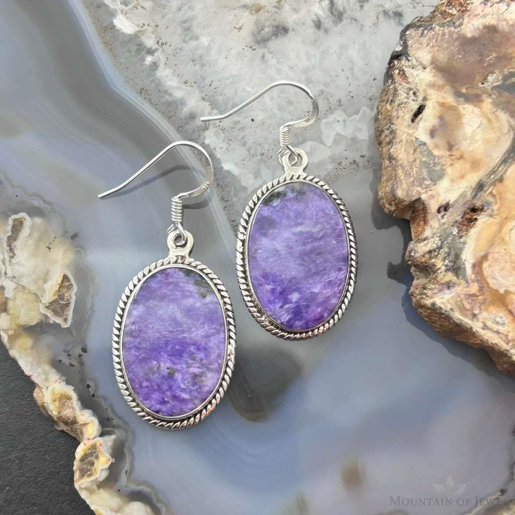 Sterling Silver Southwestern Style Oval Charoite Dangle Earrings For Women