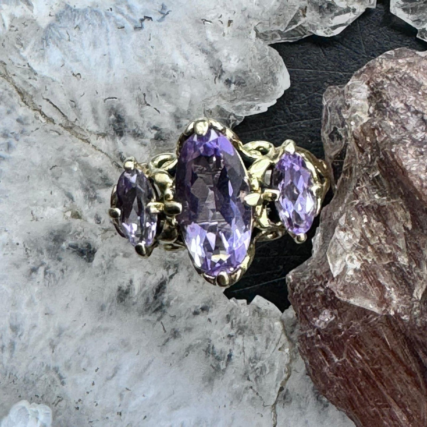 Carolyn Pollack Sterling Silver & Brass 3 Faceted Amethyst Decorated Ring For Women