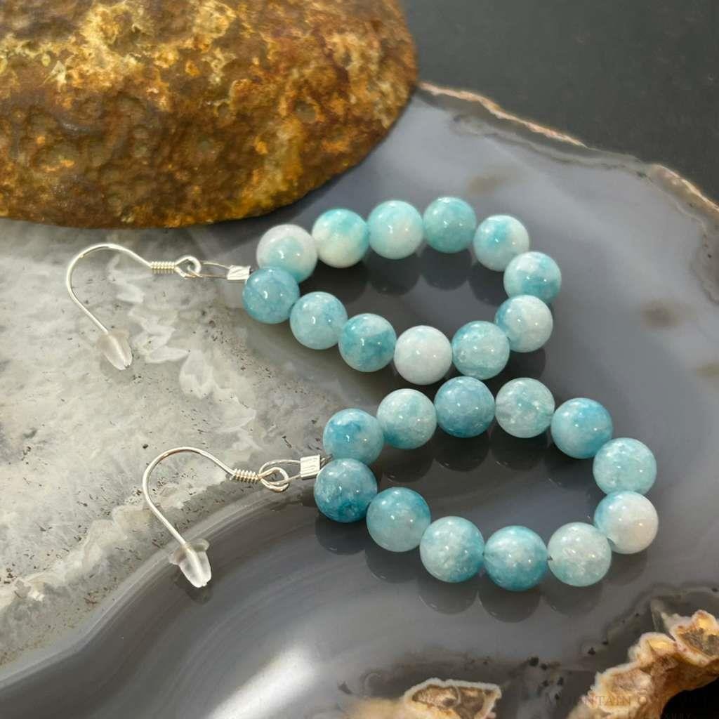Sterling Silver Larimar Beads Hoop Dangle Earrings For Women