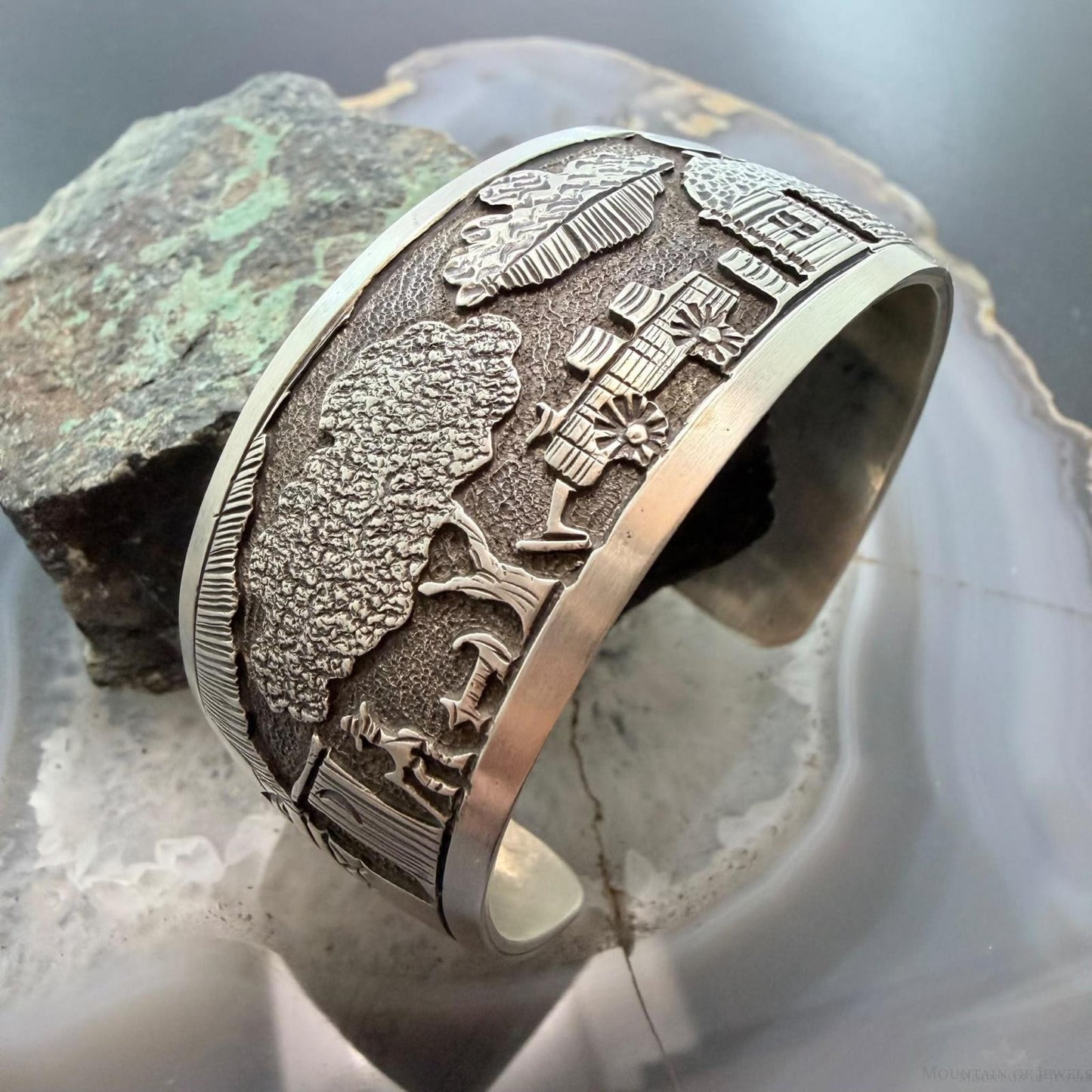 Alex Becenti Native American Sterling Silver Village Life Storyteller Unisex Bracelet